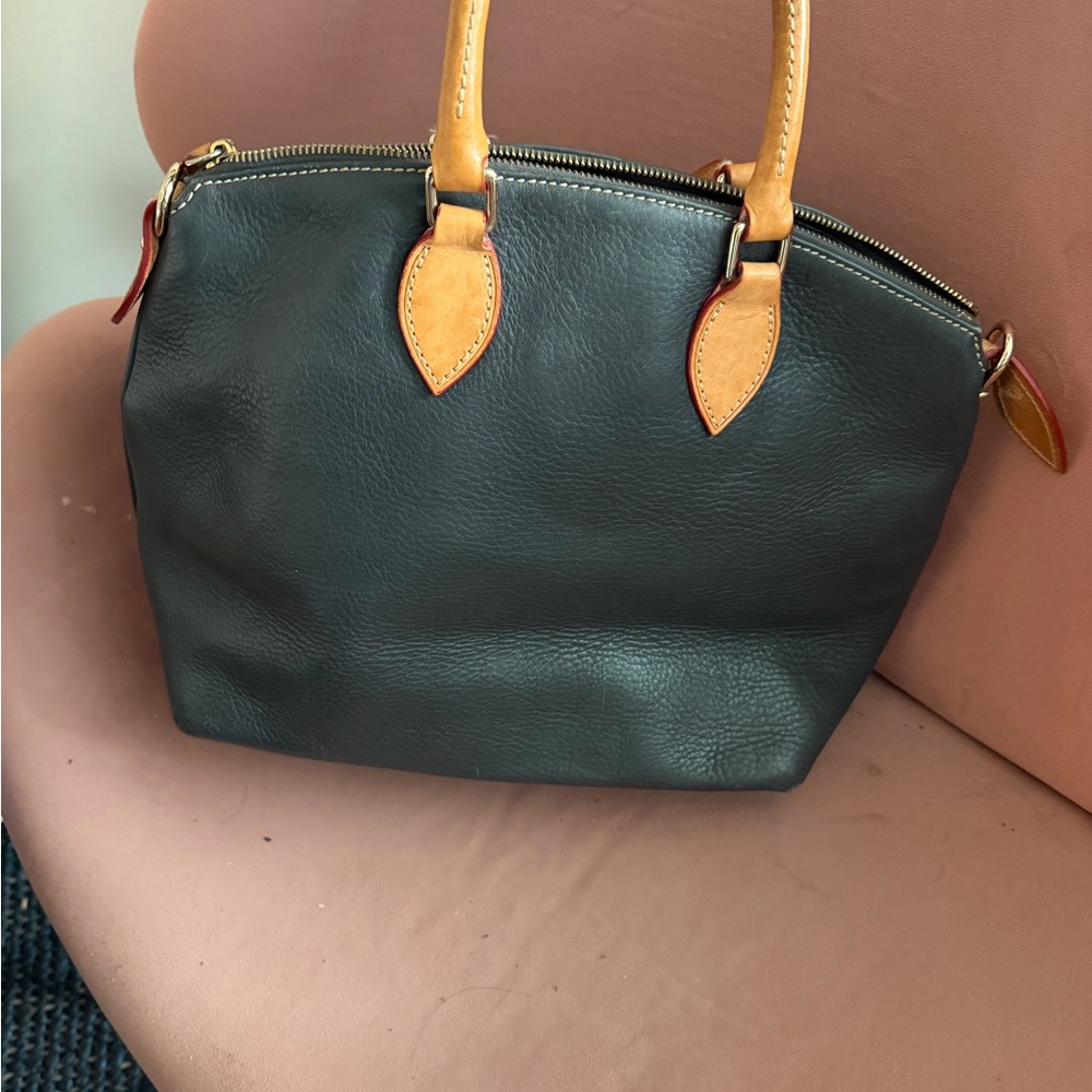 Dooney & Bourke Black Leather Satchel with Tan Trim and Handles - Picture 2 of 8